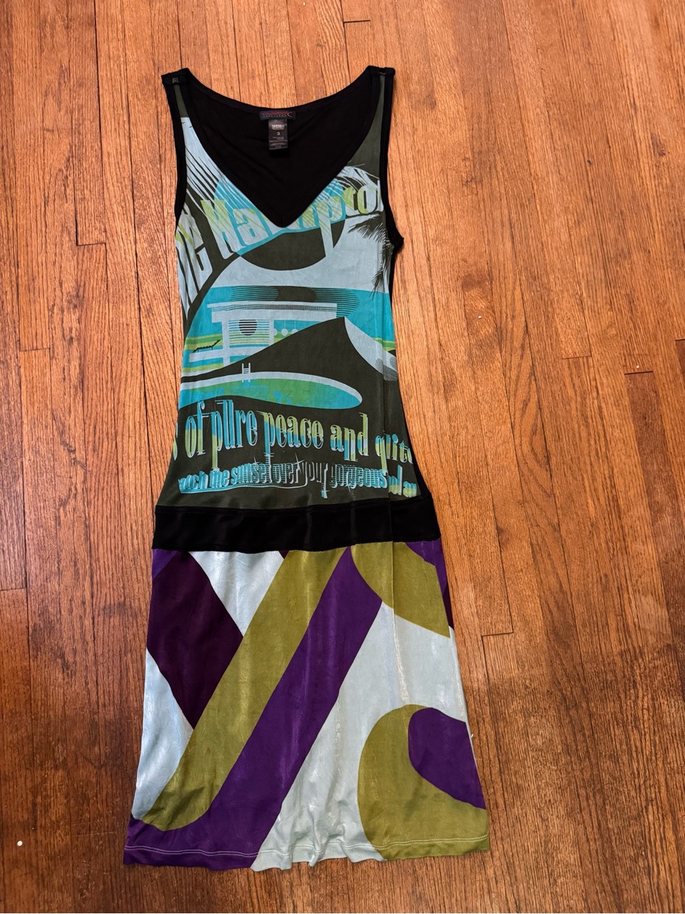 Custo Barcelona Teal, Purple & Olive Graphic Midi Dress